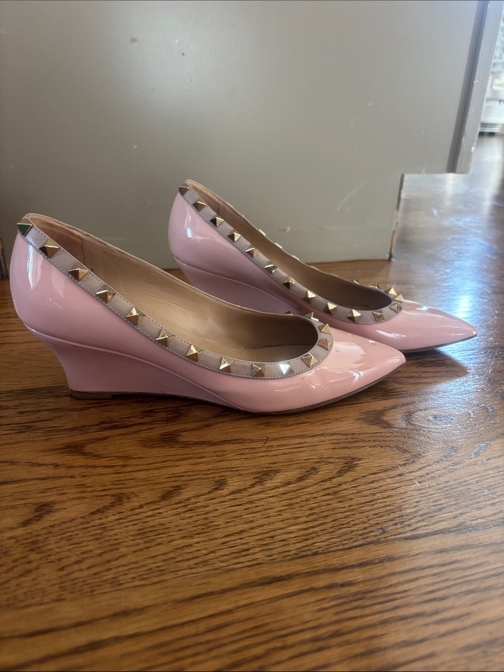 Pink Studded Patent Leather Wedge Pumps